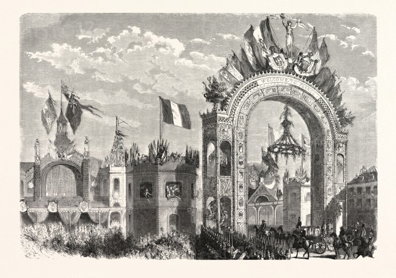Entrance of the Queen of England at the railway station of Boulogne, France. Queen Victoria. engraving 1855