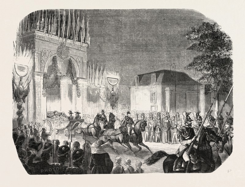 Arrival of the Queen of England at the castle of Saint-Cloud, France. Queen Victoria. engraving 1855
