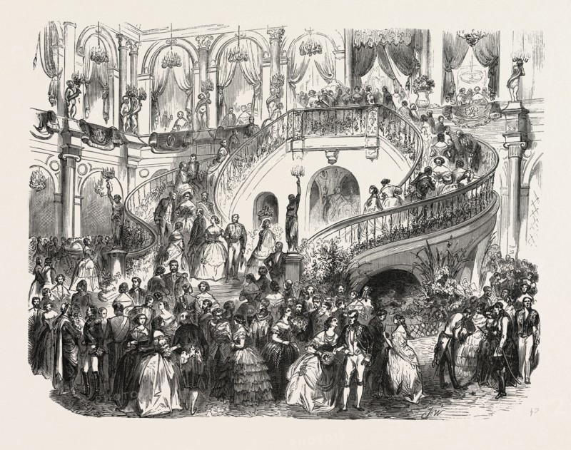 Decoration executed in the courtyard of the Town Hall for the ball given in honour of the Queen of England. engraving 1855