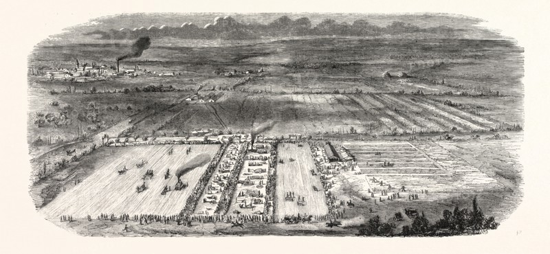 agricultural exhibition in Trappes (Seine-et-Oise), in the farm of Mr. Dailly, 14 August 1855, with the various devices of the universal exposition, and in the presence of SAI Prince Napoleon. Paris, France, Exposition Universelle. An international Exhibition held on the Champs-Elysees in 1855, consisting of an industrial and an beaux Arts exposition. engraving 1855