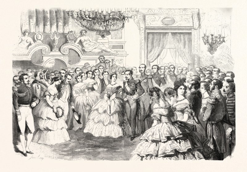 The Queen of England at a ball given by the City of Paris, August 23, 1855. Queen Victoria. France. Engraving