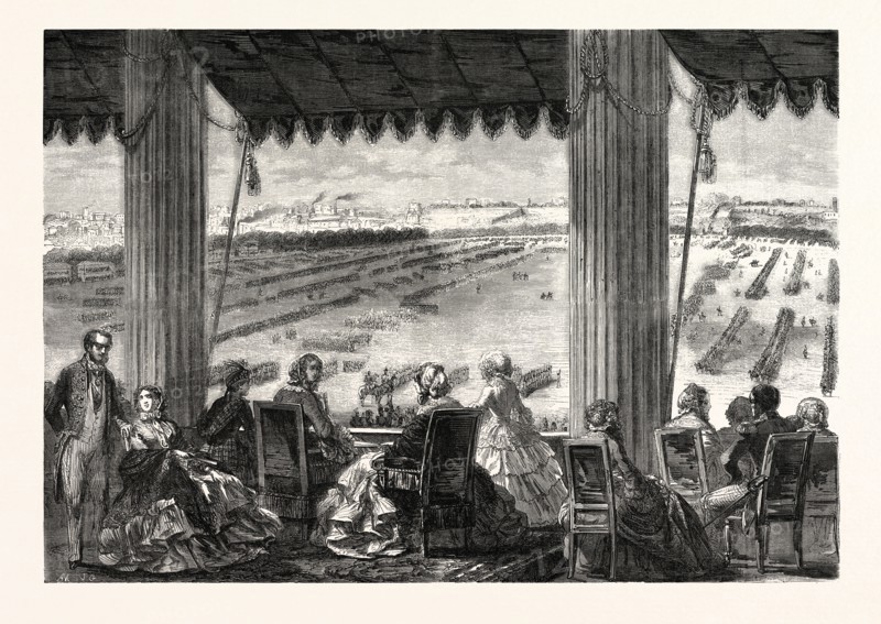 The Queen of England on the balcony of the Military School, during the review of 24 August 1855. Queen Victoria. Engraving