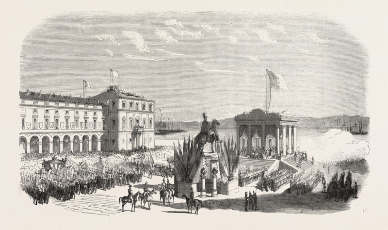 Recognition of the new sovereign on the Place du Commerce in Lisbon. Portugal, 1855. Engraving