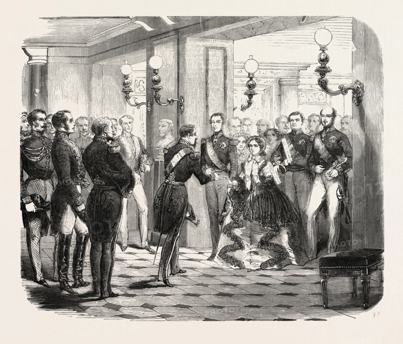 Reception of the Duke and Duchess of Brabant in the castle of Saint Cloud, October 12, 1855, France. Engraving