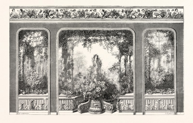 Industry Exhibition. Gardens of Armida, executed wallpaper by the house of Jules Desfosse. 1855. Paris, France, Exposition Universelle. An international Exhibition held on the Champs-Elysees in 1855, consisting of an industrial and an beaux Arts exposition. Engraving