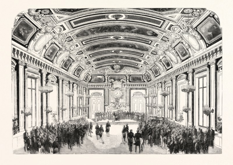Day given by the exhibitors in the Hotel du Louvre. The reception room. France, 1855. Paris, France, Exposition Universelle. An international Exhibition held on the Champs-Elysees in 1855, consisting of an industrial and an beaux Arts exposition. Engraving