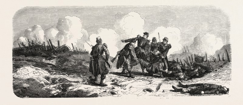 The lieutenant Poussin, killed in the attack on the Central Bastion, while removing his injured captain. engraving 1855
