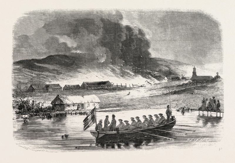 Fire of the stores of Petropawloski. engraving 1855