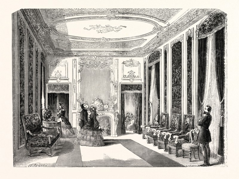 The lounge of the Empress. Paris, France, Exposition Universelle. An international Exhibition held on the Champs-Elysees in 1855, consisting of an industrial and an beaux Arts exposition. Engraving