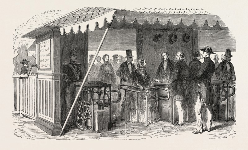 Expo industry. The turnstiles. Paris, France, Exposition Universelle. An international Exhibition held on the Champs-Elysees in 1855, consisting of an industrial and an beaux Arts exposition. Engraving