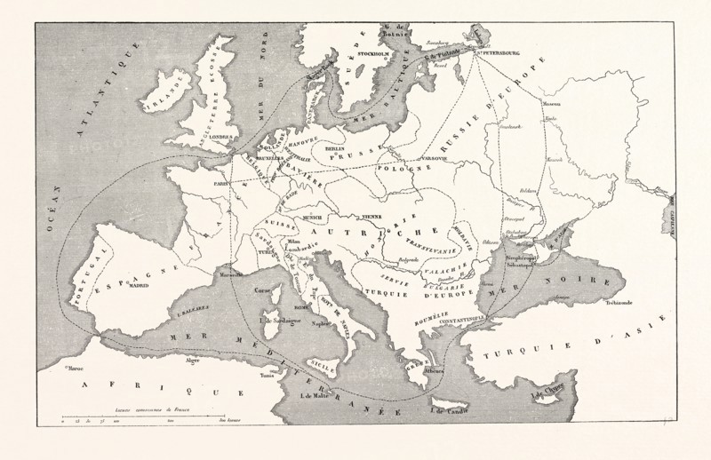 The Crimean War, 1855: Map of Europe to serve in the general war against Russia in the Baltic Sea and the Black Sea. Engraving