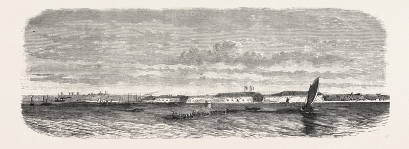 View of Fort Kinburn, taken from La Lave, from his battle station. Otchakoff. Burial men of the devastation. Gate of the fort destroyed by the bombing. The Crimean War, 1855. Engraving