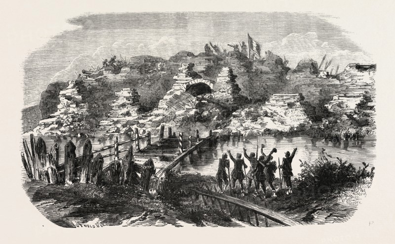 Aspect SE front Kinburn fortifications after the bombardment. The Crimean War, 1855. Engraving