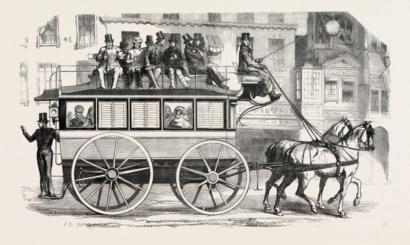 Model adopted by the new Bus Company from the city of London. Exterior elevation. 1855, UK. Engraving