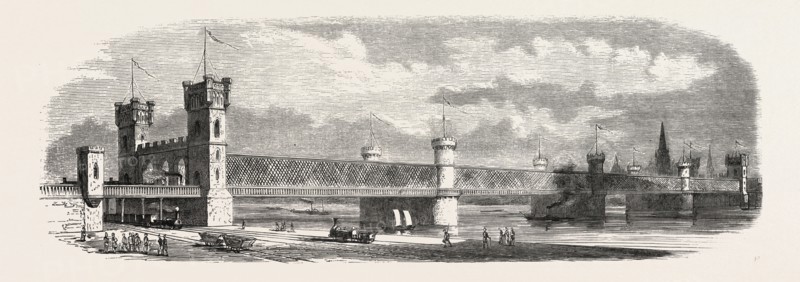 Railway Erquelines Saint-Quentin: The new bridge of Cologne, 1855. Engraving