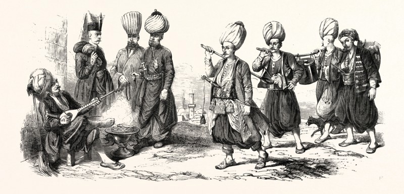 Janissary guard. Paymaster. Room leader. NCO guard. Chief scullion. Officers cooks. Marmite the Janissaries. Water carrier officers. engraving 1855