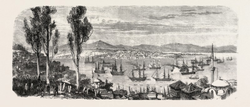 The French fleet passing the Bosphorus, between Scutari and Constantinople (Istanbul), November 12, 1855. Engraving