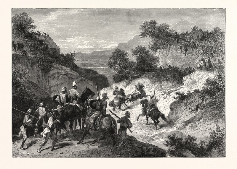 PARLEY WITH BHEELS IN THE BEECHWARRA PASS. Parley is a discussion or conference, especially one between enemies over terms of a truce or other matters. BHEELS, a tribe from Central India
