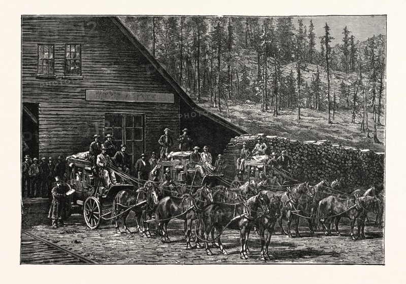 STAGE COACH STARTING FROM A RAILWAY STATION IN WESTERN AMERICA