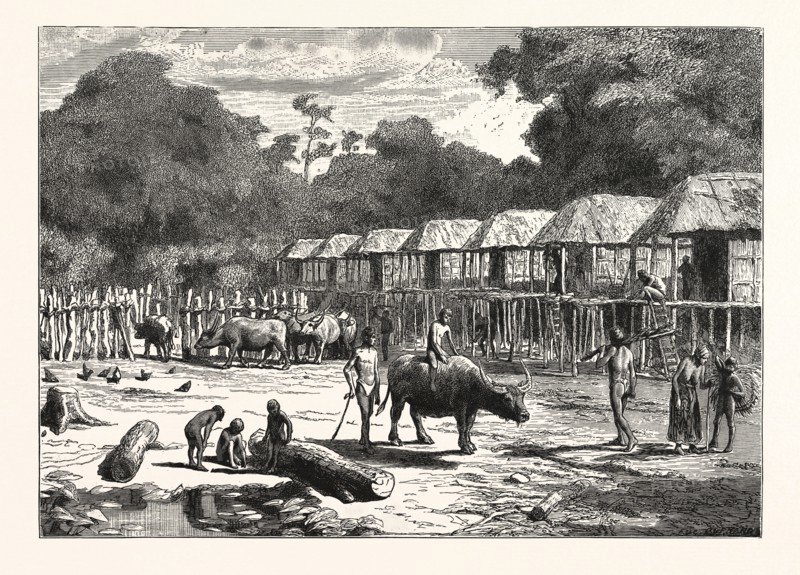 SCENE IN A VILLAGE IN THE LAOS COUNTRY