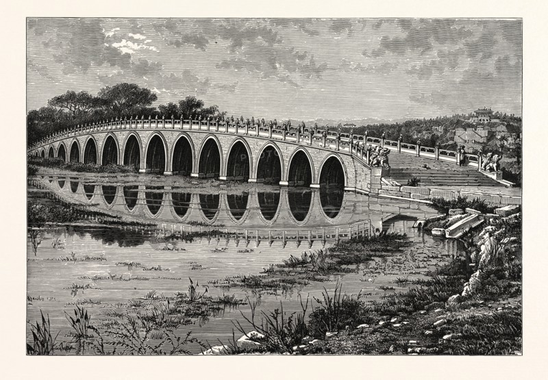 THE MARBLE BRIDGE OF SEVENTEEN ARCHES LEADING TO THE ISLAND IN THE LAKE OF ONANE-CHEON-CHANE, CHINA