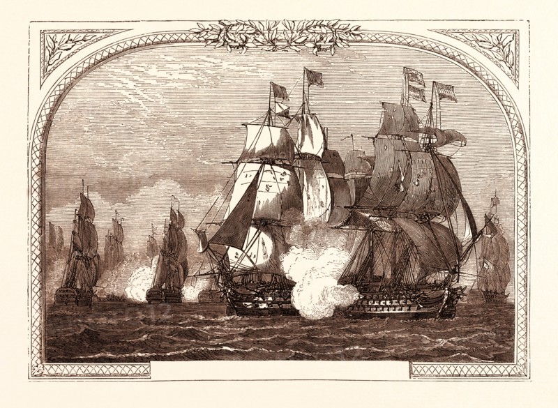 SIR JOHN JERVIS' ACTION OFF CAPE ST. VINCENT, FEBRUARY 14TH, 1797. THE VICTORY RAKING THE SALVADOR DEL MUNDO. Costa Vicentina (Vincentine Coast), is a headland in the municipality of Sagres, in the Algarve, southern Portugal.