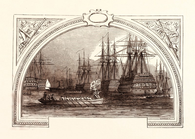 REVIEW AT SPITHEAD BY QUEEN VICTORIA, AUGUST 11, 1853. Spithead is an area of the Solent and a roadstead off Gilkicker Point in Hampshire, England, UK, britain, british, europe, united kingdom, great britain, european