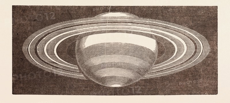 PLANET SATURN AS SEEN IN NOVEMBER, 1852, BUT ALTERED FOR A NON-INVERTING TELESCOPE. Scale 7 seconds of Arc to one inch.