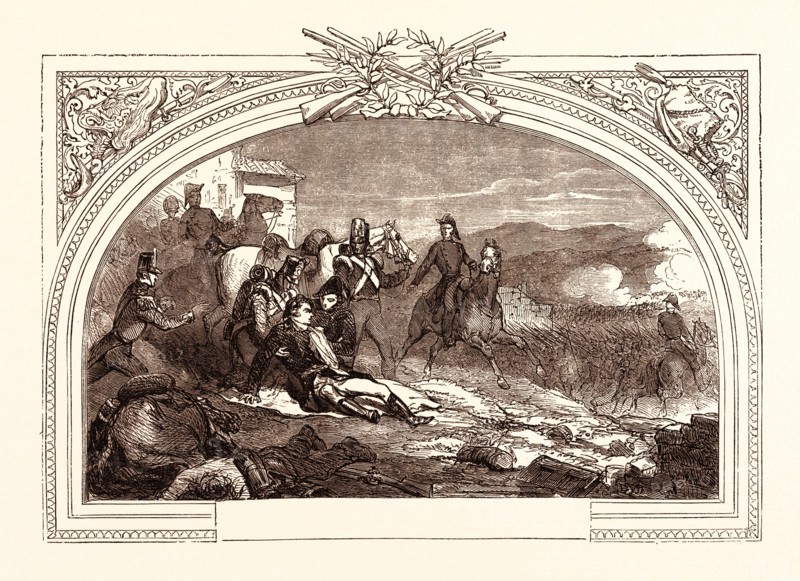 DEATH OF SIR JOHN MOORE AT THE BATTLE OF CORUNNA, JANUARY 16TH, 1809, Galicia, Spain. The Battle of Corunna (or La Corunna,  La Corogne) took place on 16 January 1809, when a French corps under Marshal of the Empire Nicolas Jean de Dieu Soult attacked a British army under Lieutenant-General Sir John Moore.