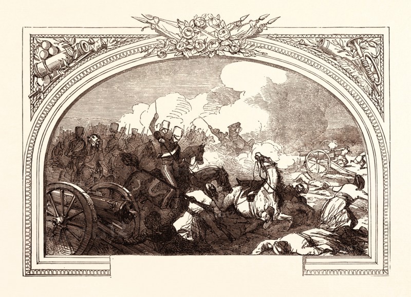BATTLE OF FEROZESHAH, (LORD GOUGH,) DECEMBER 21ST, 1845, between the British and the Sikhs, at the village of Ferozeshah in Punjab. The British were led by Sir Hugh Gough and Governor-General Sir Henry Hardinge, while the Sikhs were led by Lal Singh. India