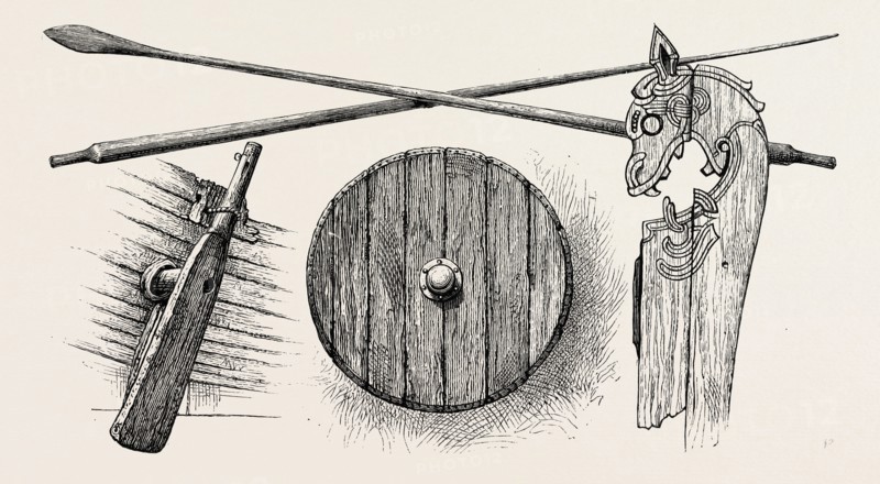 THE VIKING'S SHIP: THE RUDDER, OARS, A SHIELD AND ONE OF THE TILT-HEADS