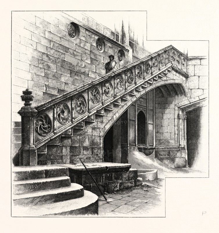 Staircase at the Entrance to the Casa de la Disputacion. BARCELONA, SPAIN