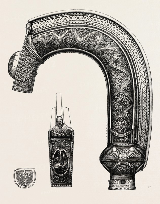 The Quigrich, or Crosier, of St. Fillan (showing the external case, the front or pendent part of the crook, and the terminal plate).