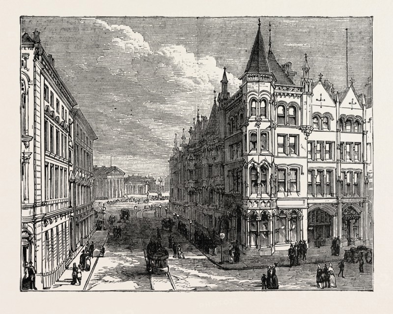 STREET VIEW LOOKING TOWARDS RAILWAY STATION, HUDDERSFIELD, UK, 1883