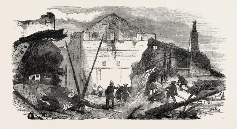 REMAINS OF THE PAVILION THEATRE, AFTER THE FIRE, WHITECHAPEL, LONDON, UK, 1856