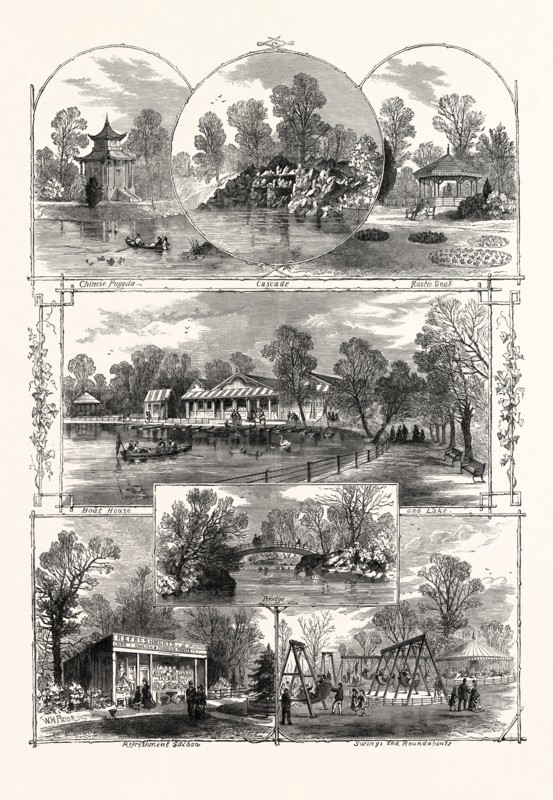 THE QUEEN'S VISIT TO VICTORIA PARK: VIEWS IN THE PARK, LONDON, UK, 1873. CHINESE PAGODA, CASCADE, RUSTIC SEAT, BOAT HOUSE AND LAKE, REFRESHMENT SALOON, SWINGS AND ROUNDABOUTS