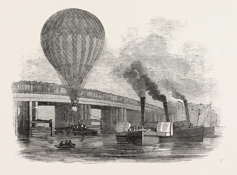 THE NASSAU BALLOON PASSING BATTERSEA BRIDGE, ON ITS PASSAGE UP THE THAMES, UK, 1846