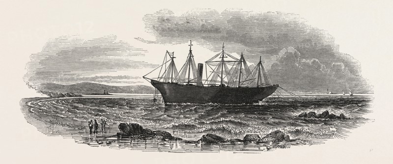 THE "GREAT BRITAIN" STEAMSHIP AT MIDWATER. ST. JOHN'S POINT LIGHTHOUSE IN THE DISTANCE, 1846
