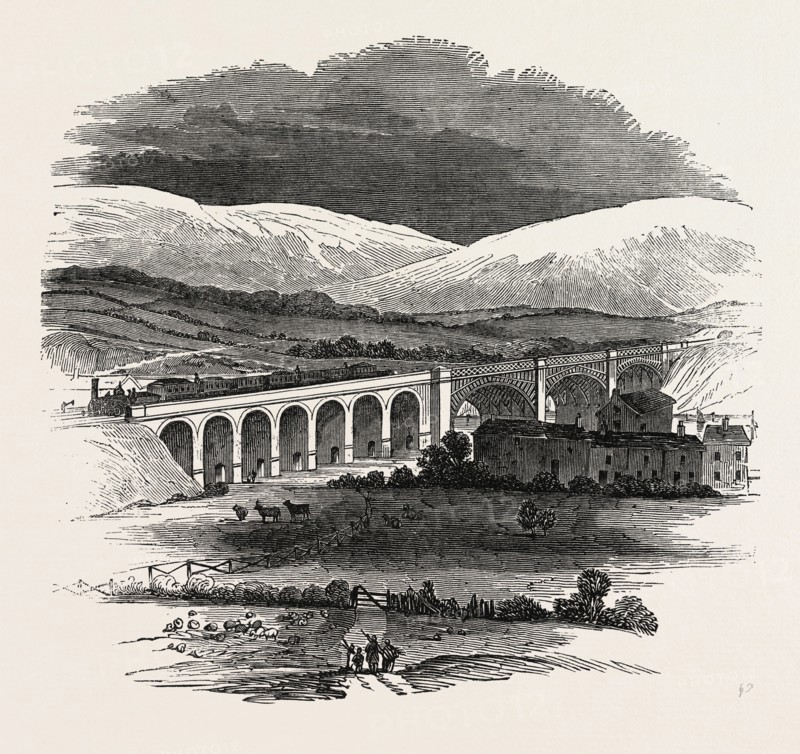 OPENING OF THE LANCASTER AND CARLISLE RAILWAY: BRIDGE OVER THE LUNE, FROM THE CHURCHYARD, LANCASTER, UK, 1846