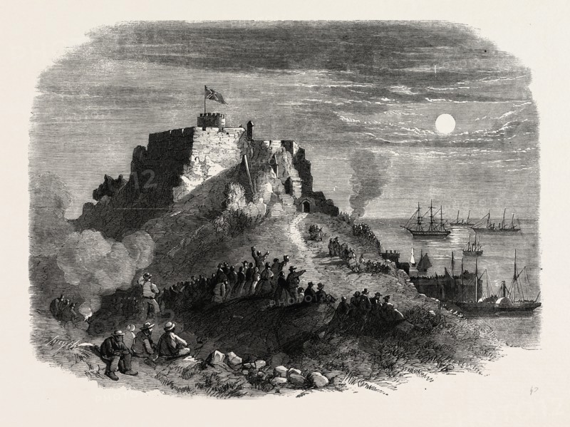 THE QUEEN'S VISIT TO JERSEY. MOONLIGHT VIEW OF MONT ORGEUIL CASTLE, WITH THE ROYAL SQUADRON LYING AT ANCHOR, 1859