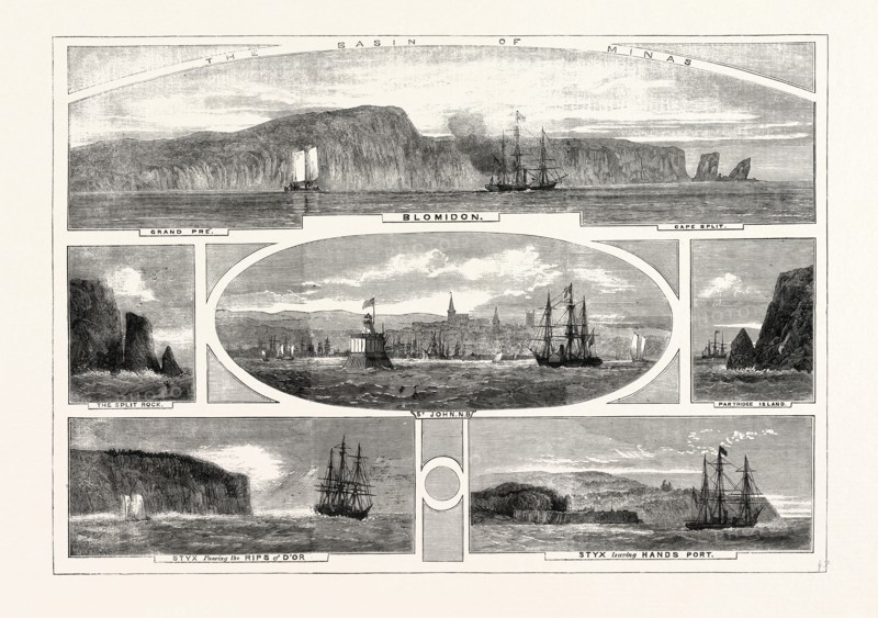 PROGRESS OF THE PRINCE OF WALES IN BRITISH NORTH AMERICA, VIEWS ILLUSTRATING THE PASSAGE OF H.M.S. "STYX," HAVING HIS ROYAL HIGHNESS ON BOARD, FROM HANDSPORT TO ST. JOHN, NEW BRUNSWICK. CANADA, 1860. THE BASIN OF MINAS. PARTRIDGE ISLAND. THE SPLIT ROCK.