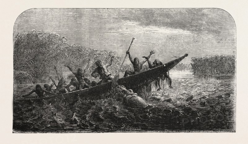 DR. LIVINGSTONE'S MISSIONARY TRAVELS AND RESEARCHERS IN SOUTH AFRICA: BOAT CAPSIZED BY A HIPPOPOTAMUS ROBBED OF HER YOUNG, 1857