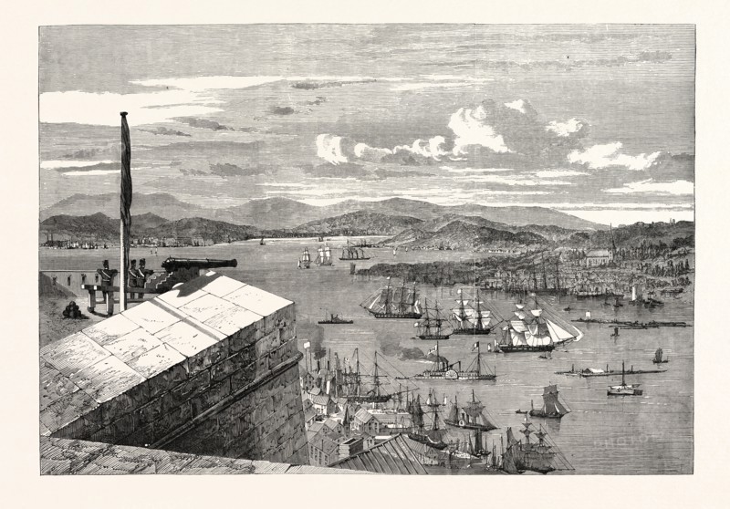 VIEW FROM THE KING'S BASTION, QUEBEC, THE ISLE OF ORLEANS IN THE DISTANCE. 1860