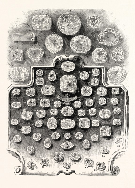 THE LARGEST DIAMONDS IN THE WORLD: 1. The English Lottery Diamond. 2. The Great Mogul. 3. The Blue Diamond. 4. The Shah of Russia. 5. The Florentine. 6. The Koh-i-Noor, after cutting. 7. The Koh-i-Noor, before cutting. 8. The Pole-star. 9. The Nassak. 10. The Pasha of Egypt. 11. The Sancy Diamond. 12. The Star of the South. 13. The Orloff Diamond. 14 to 71. The Regent and Mazarin diamonds, and various diamonds which have been set in ornaments.; 1887