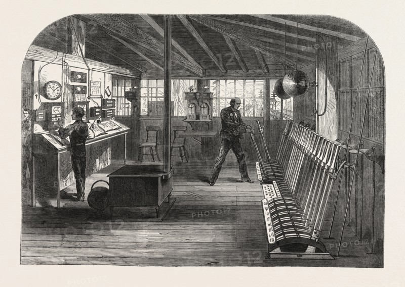 INTERIOR OF THE A.B. SIGNAL-BOX OF THE SOUTH EASTERN RAILWAY AT THE LONDON BRIDGE STATION, LONDON, UK, 1866