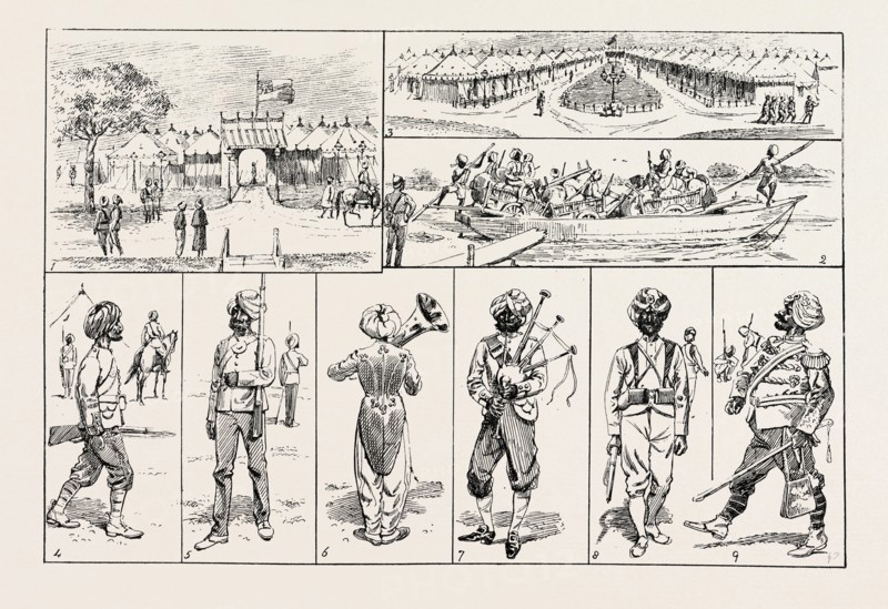 SKETCHES AT THE RAWUL PINDI DURBAR, 1885. 1. Entrance to Rajah of Bhawulpore's Tent. 2. Baggage of a Punjaub Infantry regiment, with carts, crossing the Jhelum ferry. 3. The Viceroy's Camp at Rawul Pindi. 4. Rajah of Nabha's Infantry. 5. Infantry of the Rajah of Jheend. 6. Bandsman of Rajah of Jheend troops. 7. Rajah of Chumba's bagpipes. 8. Sikh of the Punjaub Infantry. 9. Colonel of Maharajah of Puttiala's Infantry.