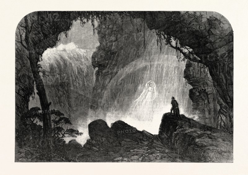 SCENE FROM "MANFRED," AT DRURY LANE THEATRE: THE STEINBACH WATERFALL. HAUNT OF THE WITCH OF THE ALPS, 1863