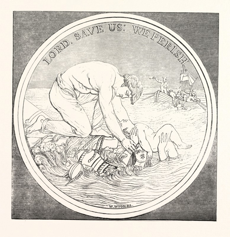 MR. WYON'S DESIGN FOR THE LIVERPOOL SHIPWRECK AND HUMANE SOCIETY'S MEDAL, AWARDED TO PERSONS WHO ASSISTED AT THE CONFLAGRATION OF THE "OCEAN MONARCH." 1848