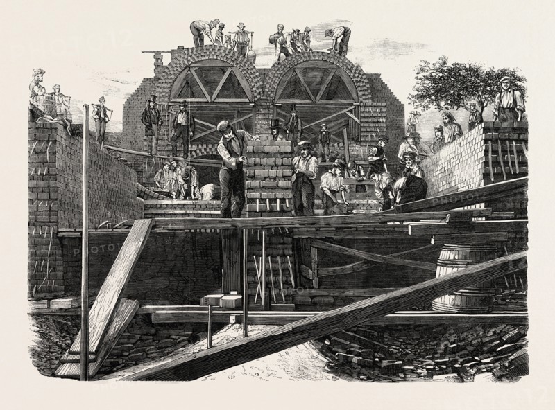 MAIN DRAINAGE OF THE METROPOLIS. SECTIONAL VIEW OF THE TUNNELS FROM WICK LANE, NEAR OLD FORD, BOW, LOOKING WESTWARD, UK, 1859
