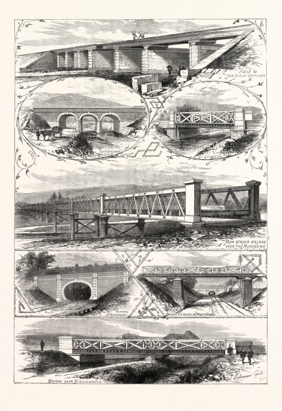 SCENES ON THE NEW RAILWAY IN JAPAN BETWEEN OSAKA AND KOBE, 1876. SHINDINGAWA BRIDGE, AT SHIKUGAWA, IRON GIRDER BRIDGE OVER THE MUKOGAWA, BRIDGE NEAR NISHINOMIYA.